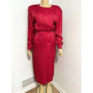 Calvin Klein Studio Vintage Red Medallion Print Skirt Suit Set Size 6 Rayon